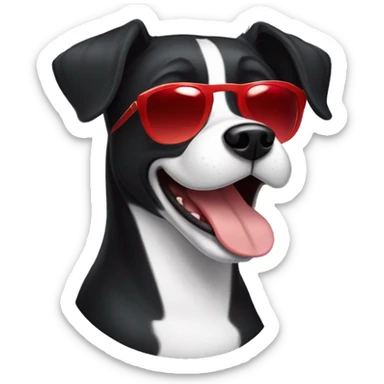 Black very short hair female large dog with sunglasses and red lips  smiling with the tongue outside the mouth . The dog has a tiny  white line on the chest sticker
