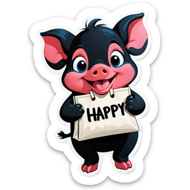a black piglet holding 4 bags with "happy” written on it sticker