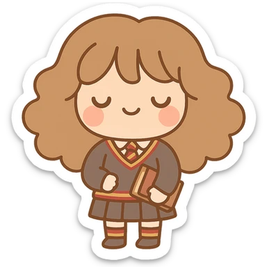 Chibi kawaii, big head, compact body, soft rounded features. Face: closed arc anime eyes, rosy cheeks, subtle smile. Warm, harmonious earthy/pastel palette. Thin sepia outlines. Gryffindor uniform: dark gray V-neck sweater with red/gold stripes, white shirt, striped tie, skirt or pants, matching socks, black shoes. Holding old brown book. Voluminous, wavy chibi hair. Transparent or light background, cel shading, Japanese kawaii stationery style. sticker