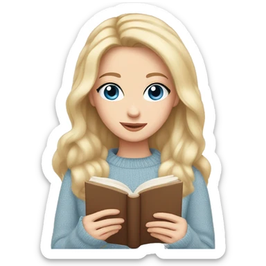 Pretty blue eyed white girl with light pink sweater reading cozy sticker