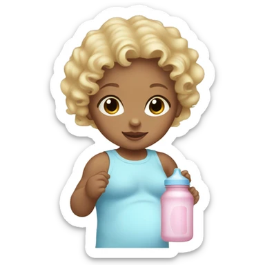 baby girl with blonde curly hair wearing a light pink onesie and holding a light blue baby bottle sticker
