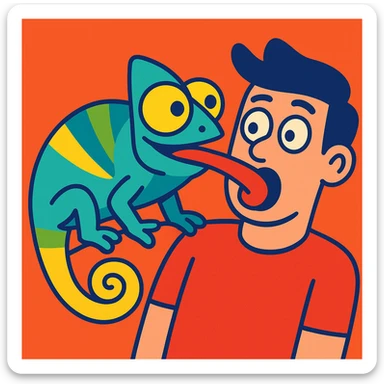 whimsical colorful illustration of a chameleon with bulging eyes licking a surprised person's face sticker