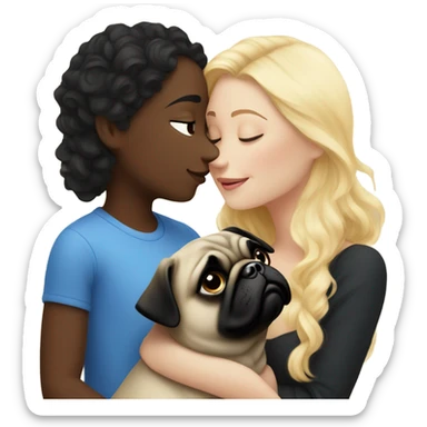Girl with wavy blonde hair and blue eyes kissing a black pug sticker