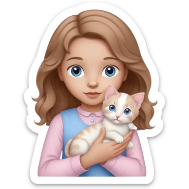 A little girl with wavy light brown hair and blue eyes and pale pink clothes holds a white kitten sticker