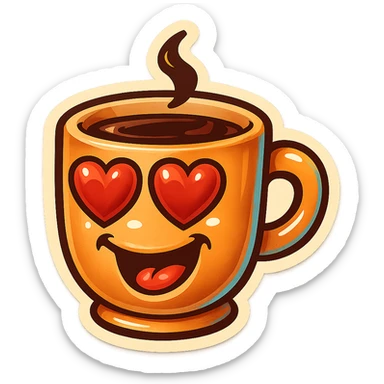 coffee cup creature, big heart eyes, dopey smile sticker