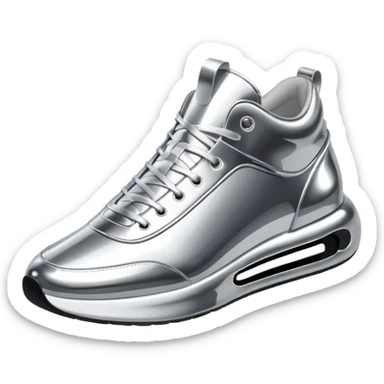 A pair of futuristic sneakers emoji made of silver chrome, sleek streetwear design, smooth metallic panels, subtle reflections, luxury swag aesthetic, iOS emoji style, centered, clean white background sticker