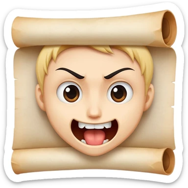 determined cartoon face biting on a small parchment scroll, anime-inspired style sticker