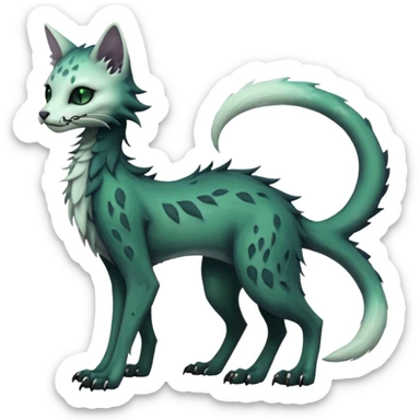Kawaii divine dark pastel whitish blackish swampy white-skeletal gloomy ghostly dark greyish dark-deep-greenish foggy eldritch elegant cute beautiful realistic edgy fantasy ghoul-like stitched feline-vernid-sergal-fursona animal creature with a tufted tail full body with intricate markings  sticker