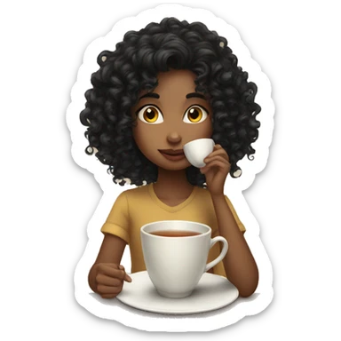 Girl sipping tea with black hair curly sticker
