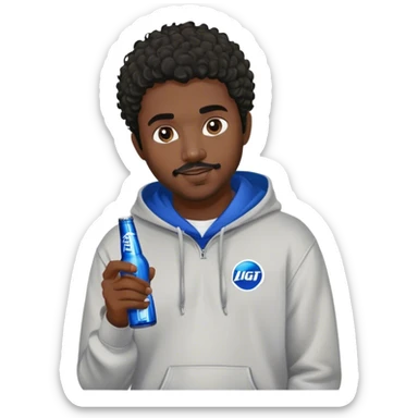 dark black guy short curly hair facial hair holding bud light wearing a hoodie sticker