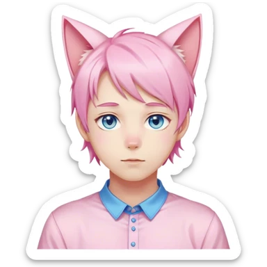 Pastel effeminate young femboy man with pastel pink shiny hair, pink cat ears, pastel yellow blouse, blue eyes, cute, gorgeous, anime, catboy, romantic sticker