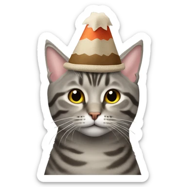 Gray tabby cat wearing a turkey hat sticker