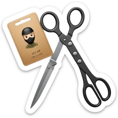 Floating black Scissors cutting in half an idf soldier ID card with a little chip in 2 parts sticker