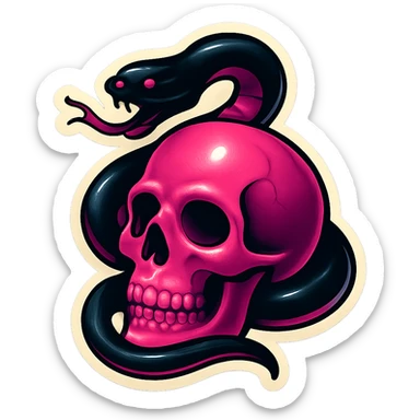 gothic snake black and pink coiled around a pink skull retro stickers style sticker