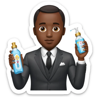 P Diddy in a suit, holding up baby oil sticker