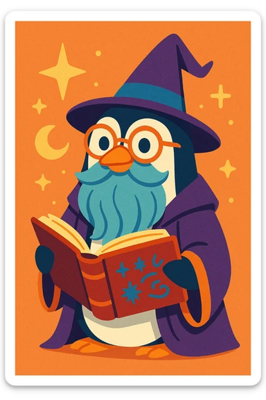 a wise penguin wizard with glasses, a long beard, and a book of spells, in a whimsical illustration style sticker
