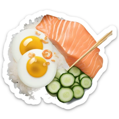 Bowl with rice, smoked salmon, egg, cucumber salad and sriracha and sesame seeds with chopsticks next to it  sticker