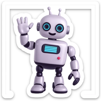 Make the charming, smiling robot with a shiny finish wave. The original style is 3D emoji style with a shiny, fluent, plastic look. Keep the 3D emoji style look while making the robot wave and remove the background. sticker