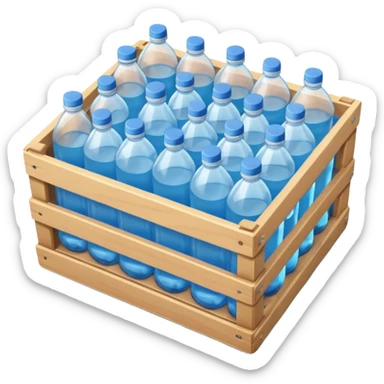 A 3D cartoon crate filled with water bottles, neatly arranged, bright industrial background, smooth reflections, realistic Memoji-style. sticker