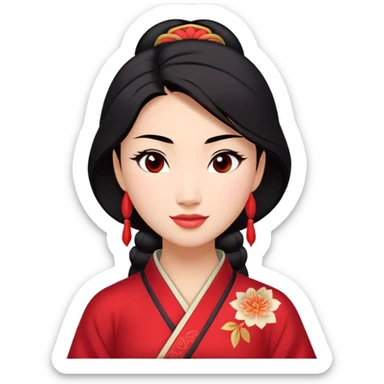 Cinematic Radiant Mulan Portrait Emoji, rendered in a realistic, vector-style with clean proportions. Show Mulan with a soft, confident smile, warm skin, and expressive eyes, her dark hair styled simply, and dressed in traditional clothing with understated red accents. The image radiates a gentle, luminous glow and high shine, accentuated by a soft glowing outline. sticker