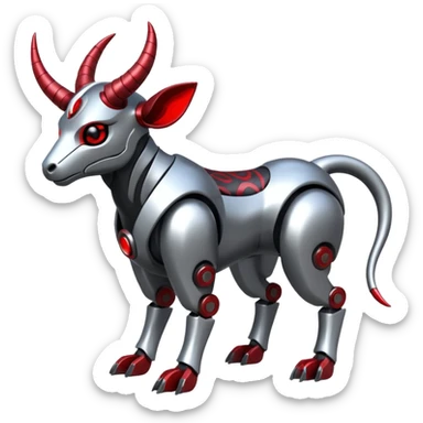 Futuristic mechanical cyborg horned modern badass cool shiny metallic alloy silver-grey black crimson-red white animal hybrid Fakemon full body with intricate patterns sticker