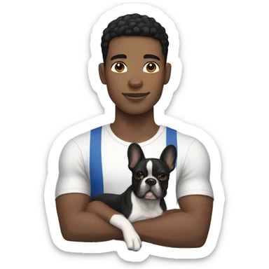 athletic light skin male with short black hair holding a french bulldog sticker
