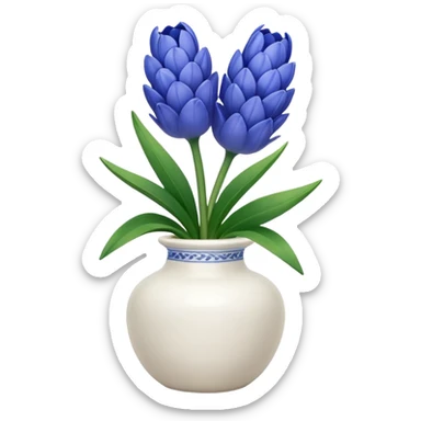 A small white vase holding a single blue hyacinth flower with green leaves. sticker