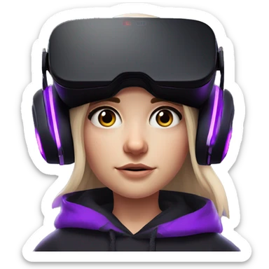 Russian girl wearing black hoody with violet letters "OMG", in vr headset oculus quest2. Standing like jedi. Cyberpunk style. Violet neon. sticker