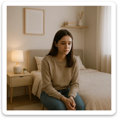 Edit the image to show the girl in the bedroom looking sad. Remove any CityScent product from the scene, especially from the table. Keep the room looking the same as before, maintaining a modern and clean Instagram store style with a cozy minimal bedroom atmosphere. sticker