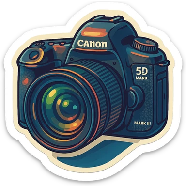 retro sticker style image of a DSLR camera with the lens cap off, inspired by Canon 5D Mark III, emphasize lens glass, bold outlines, juicy colors, expressive highlights and shadows sticker