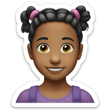 
3 year old girl with 2 pigtails and hair with black ponytails, big black eyes, smiling sticker