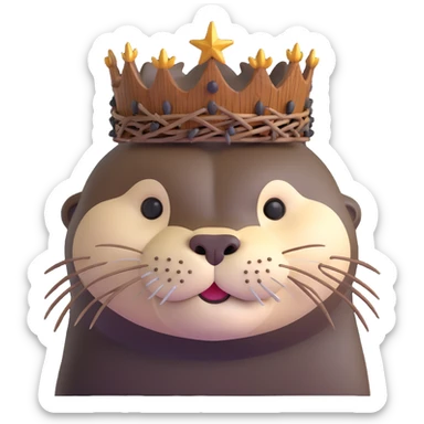 really cute confused otter face portrait with simple wooden thorny stem wrapped horizontally around its forehead like Jesus Crown of thorns, no metal, natural wood thorns, portrait painting style sticker