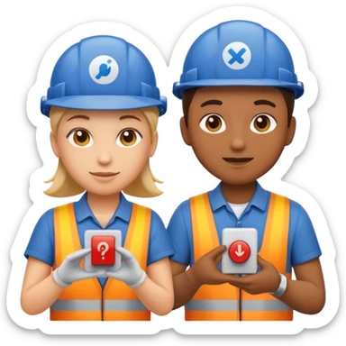 create a realistic emoji of two working packaging workers switching position with a switch symbol between them sticker