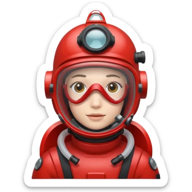 wearing a red scuba diving helmet with glass visor sticker