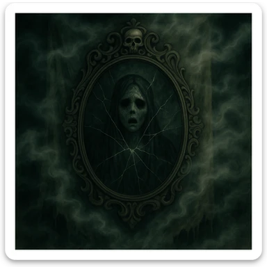 Add thick fog and swirling mist throughout the scene to enhance the creepy atmosphere, keep all other details unchanged. sticker