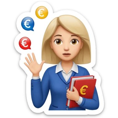 A confused female kindergardenteacher shrugging shoulders with euro symbols and documents floating around. sticker