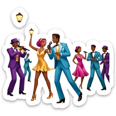 Vintage movie poster-style icon for a musical film. The cityscape glows in the background, evoking the golden era of musicals. A vibrant street scene with bright lights, dancers mid-step, a singer with a microphone, and a jazz band playing. Transparent background. sticker
