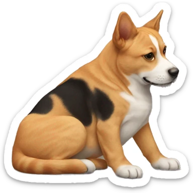 a dog on its back with a cat sticker