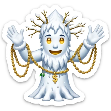 Snow elemental shaped more like a human—think tall, jointed limbs, maybe even facial expressions made of snow flaunting money wearing gold rope chain sticker