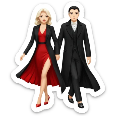 Ultra detailed realistic tango couple icon, black background, dramatic lighting, long black coat on man, white shirt and white shoes, red dress and white heels on woman, centered, minimal background, high contrast, 4K resolution, profile picture ready, sharp clean edges sticker
