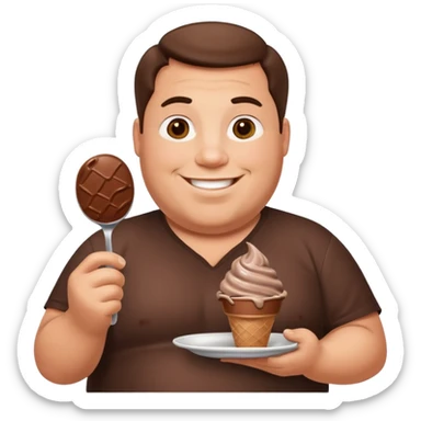 A fat man with a plate of chocolate ice cream sticker