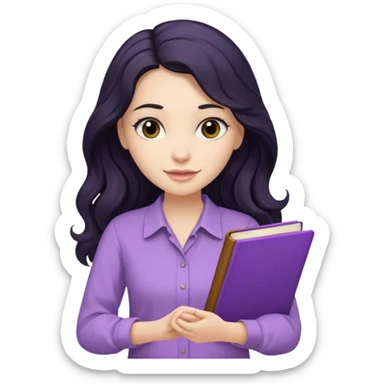 Long Hair Women with Black wavy hair, with purple Book, beige shir, without background sticker