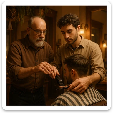Inside a cozy barbershop with soft lighting, an experienced barber gently teaches his apprentice, guiding his hands as they cut hair together. The room is filled with warmth, plants hanging from the ceiling, and the hum of clippers sticker