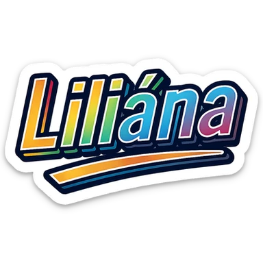 The name 'Liliána' in modern, precise Hungarian letters with a rainbow gradient fill, extra thick white letter outline, dark contour, transparent background, dynamic slanted underline, in the style of the reference samples. sticker