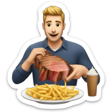 a guy eating a large steak with fries and mayonnaise sticker