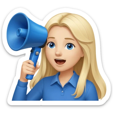 blue eyes blonde girl yelling into megaphone smiling long hair sticker