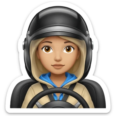 ["Light-skinned female driver, wearing a hoodie and helmet, behind the wheel."] sticker