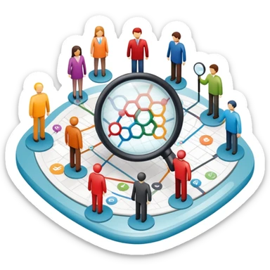 An icon featuring a group of diverse people, a social network diagram, and a magnifying glass, symbolizing sociology. The design includes charts and interconnected lines, representing the study of societies, relationships, and social behavior. Transparent background highlights social analysis. sticker