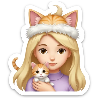 There's a fluffy kitten on a girl's head, its tail wagging gently. sticker