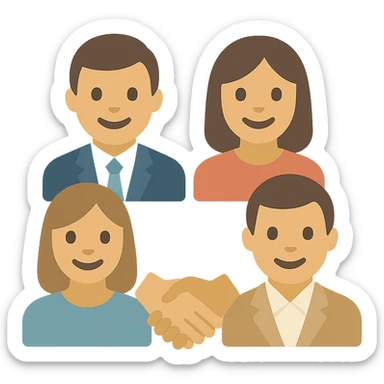 a team of people in suits and business casual, smiling and collaborating, flat color icon style sticker